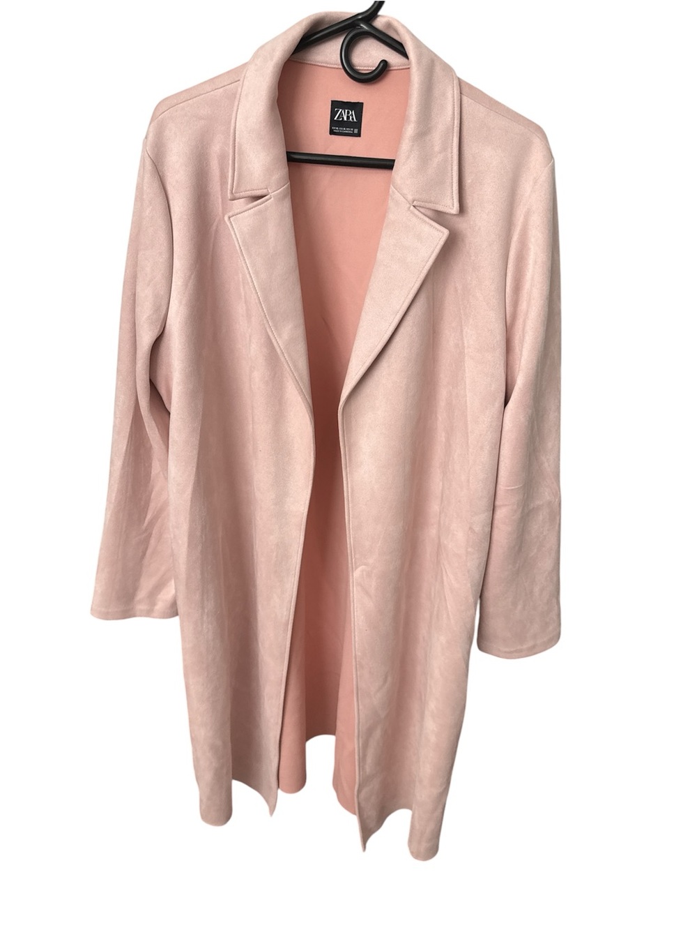 Zara Women’s Long Pink Faux Suede Open Front Trench Style Coat Jacket Size XL